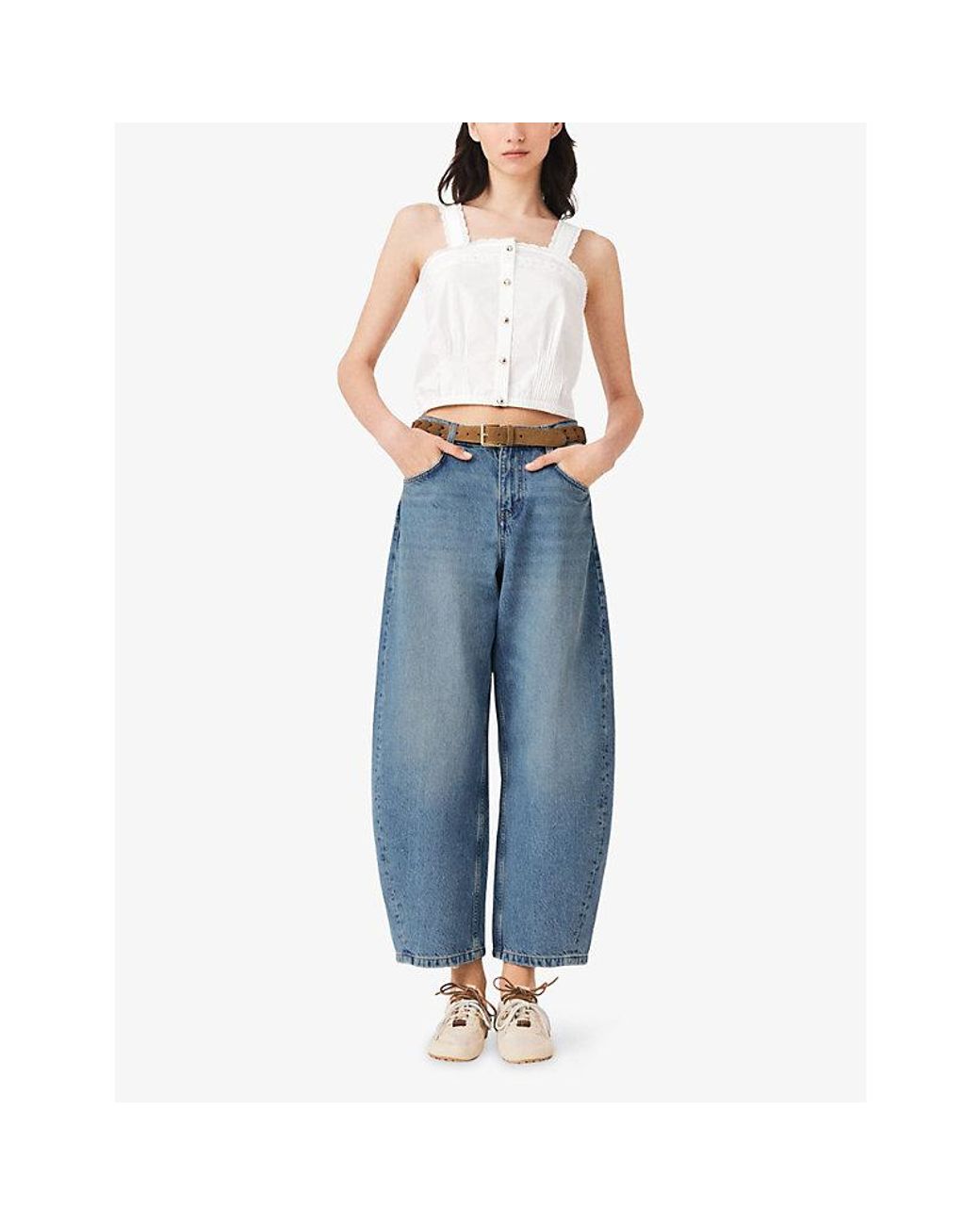Maje White Cropped Lace-Trim Cotton Top