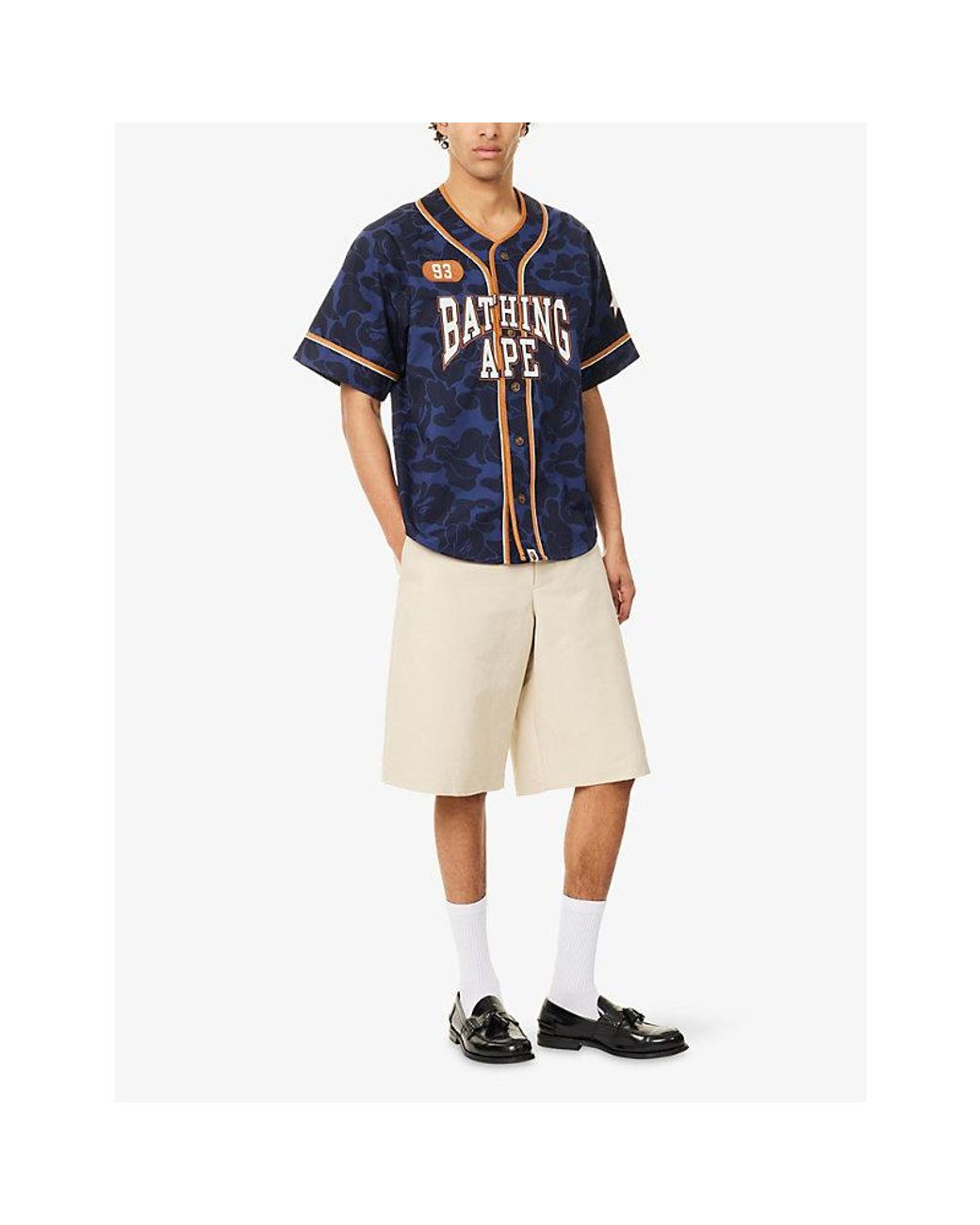 A Bathing Ape Blue Logo-Embroidered Camo-Print Cotton Baseball Shirt for men