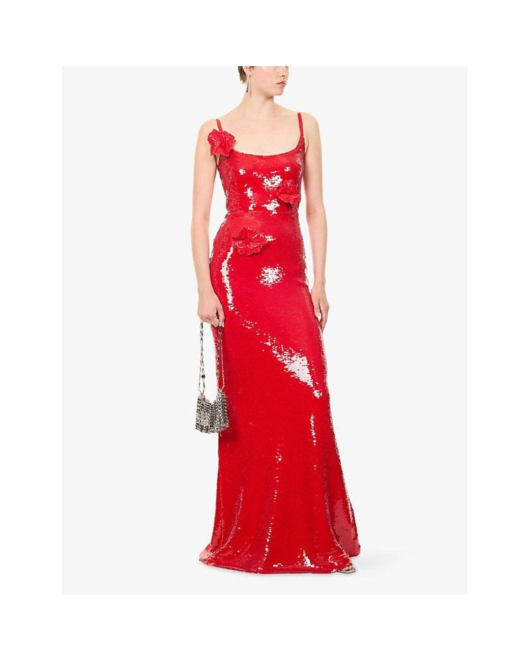 David Koma Red Flower-Embellished Sequinned Gown