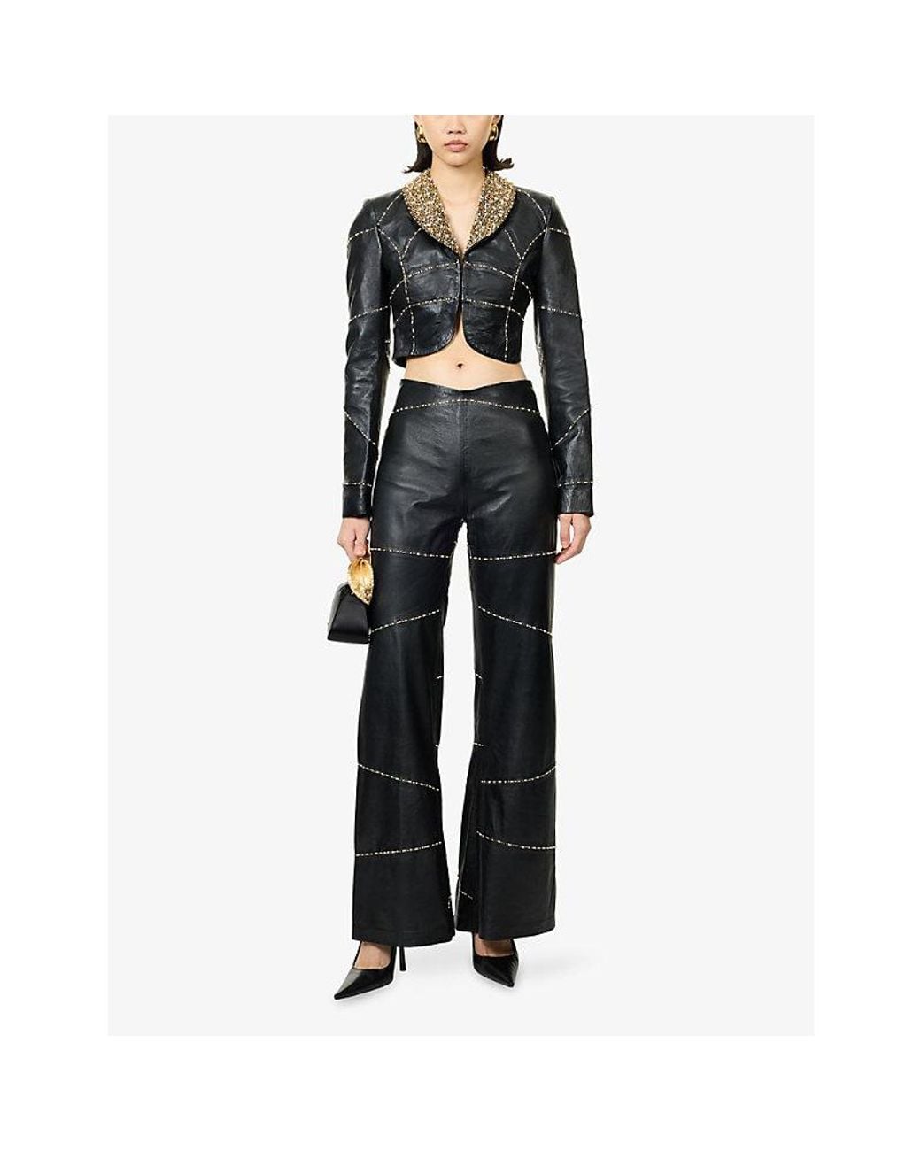 GRACE FAENA Black Beaded Cropped Leather Jacket