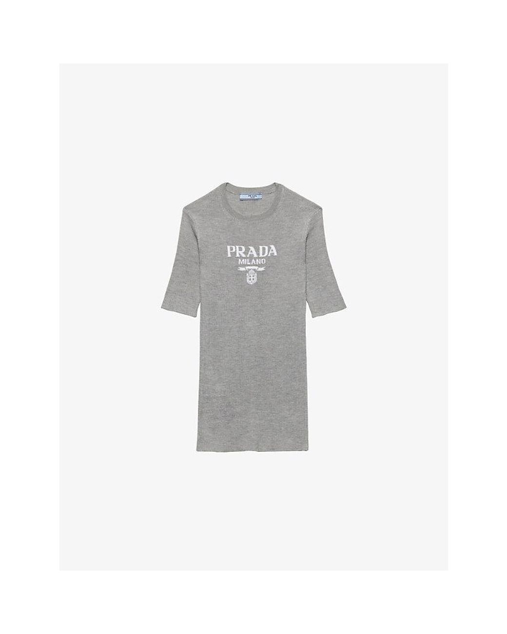 Prada Gray Logo-Intarsia Crew-Neck Silk Knitted Top
