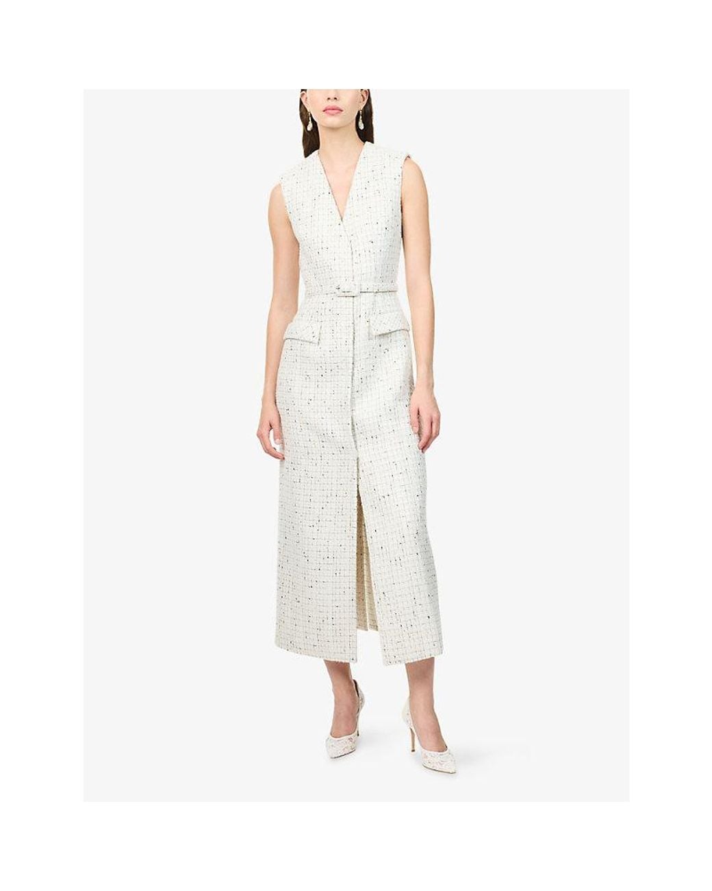 Huishan Zhang White Hana Crystal-Embellished Tweed Midi Dress
