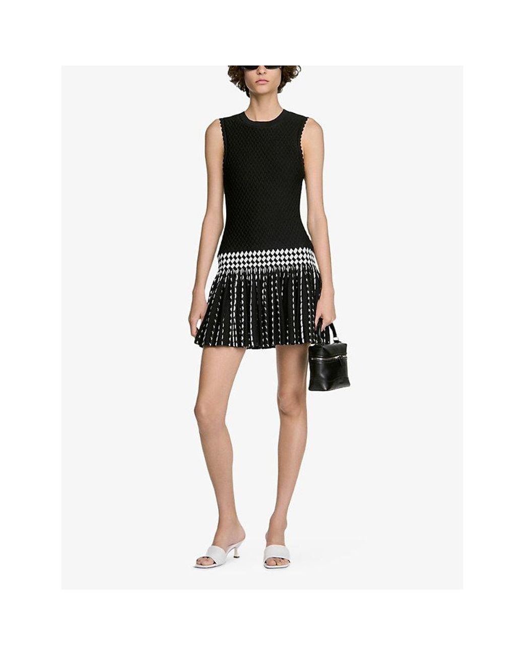 Sandro Black Sleeveless Checked-Hem Knitted Mini Dress
