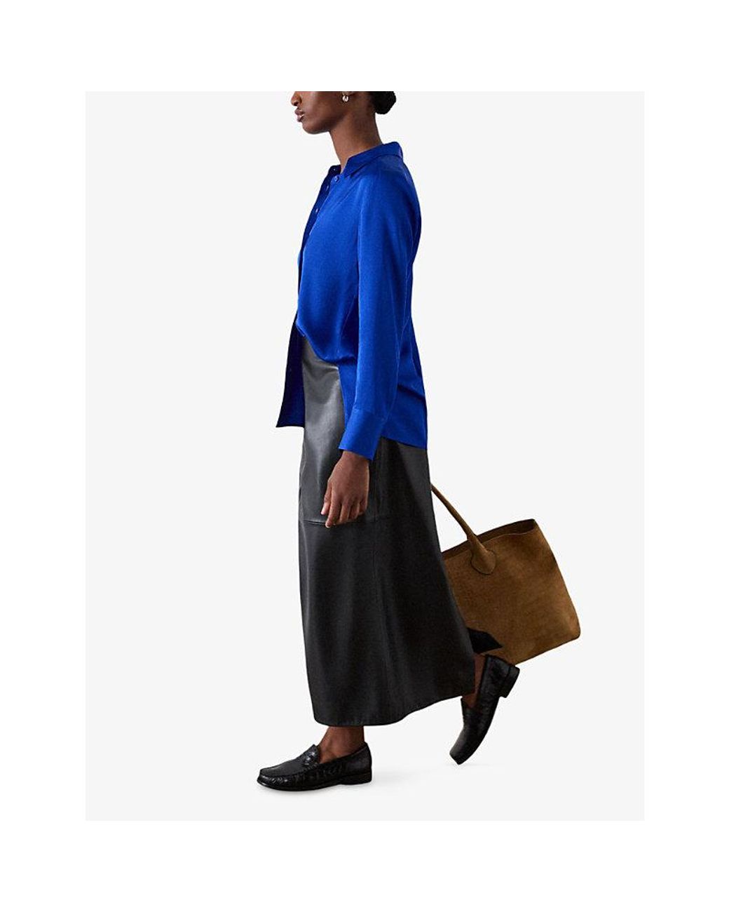 Whistles Blue Long-Sleeved Collared Satin Shirt