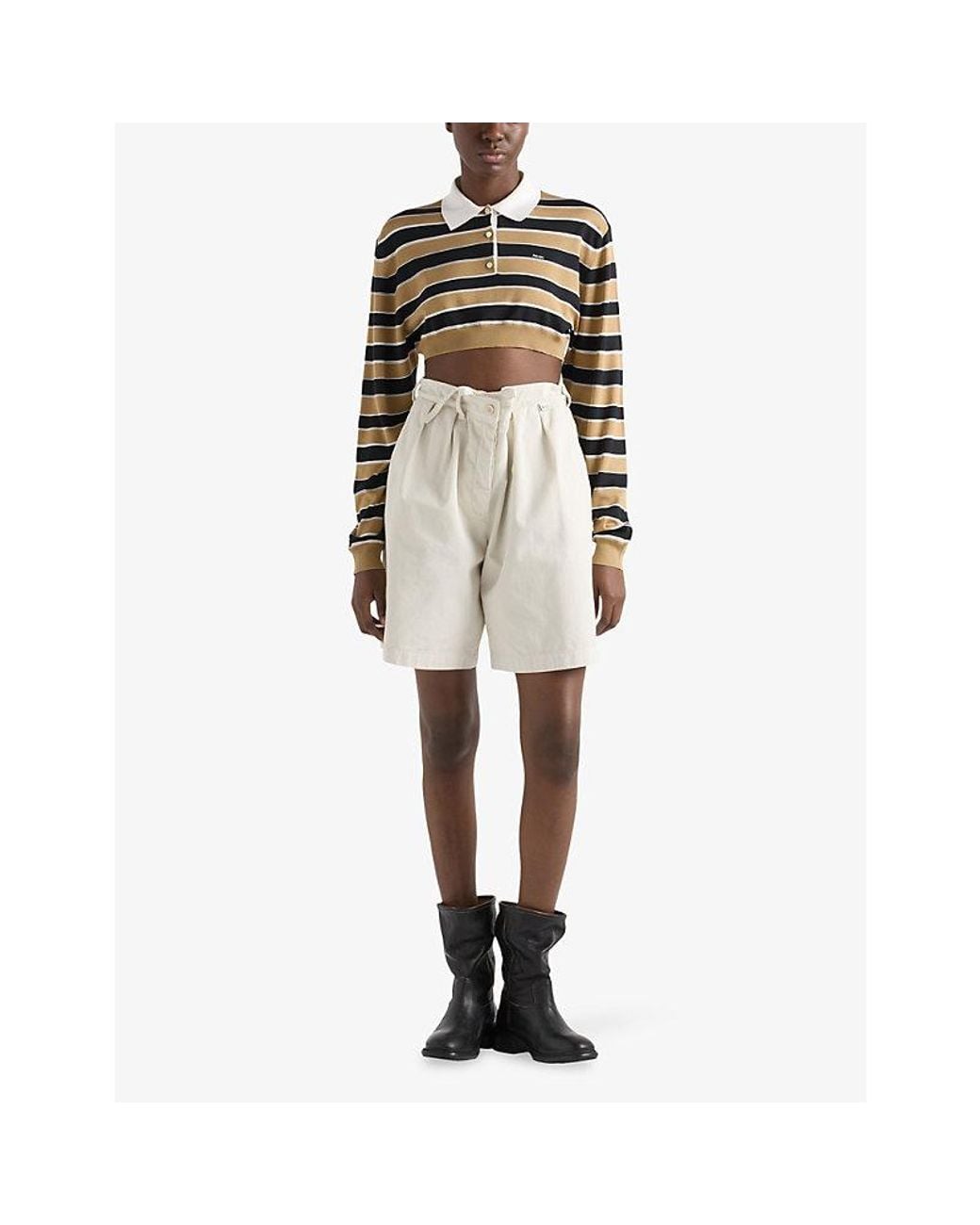 Prada Black Cropped Stripe Silk Polo Shirt