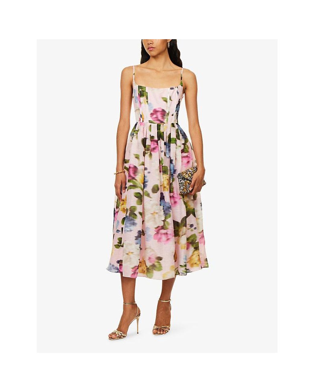 Carolina Herrera Pink Floral-Print Thin-Strap Linen And Silk Midi Dress