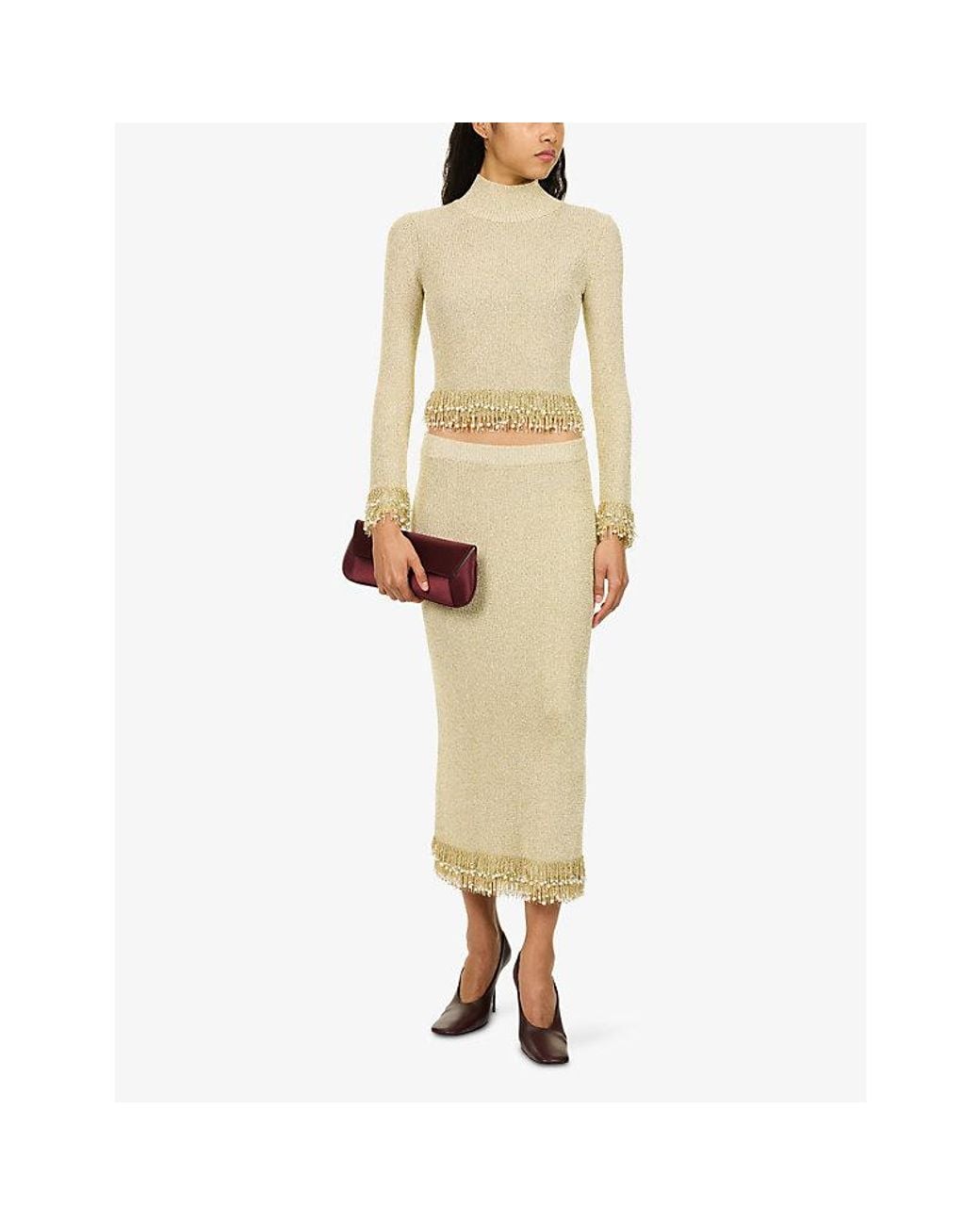 Jonathan Simkhai Natural Zeni Embellished Metallic Knitted Skirt