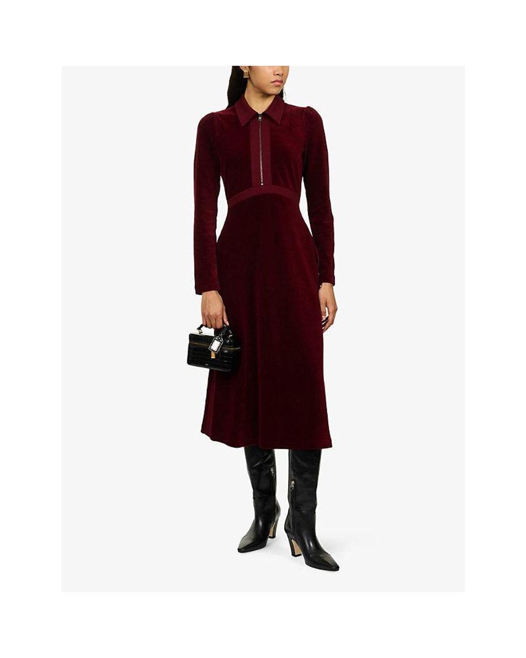 ME+EM Red Pointed-Collar Long-Sleeve Cotton-Blend Midi Dress