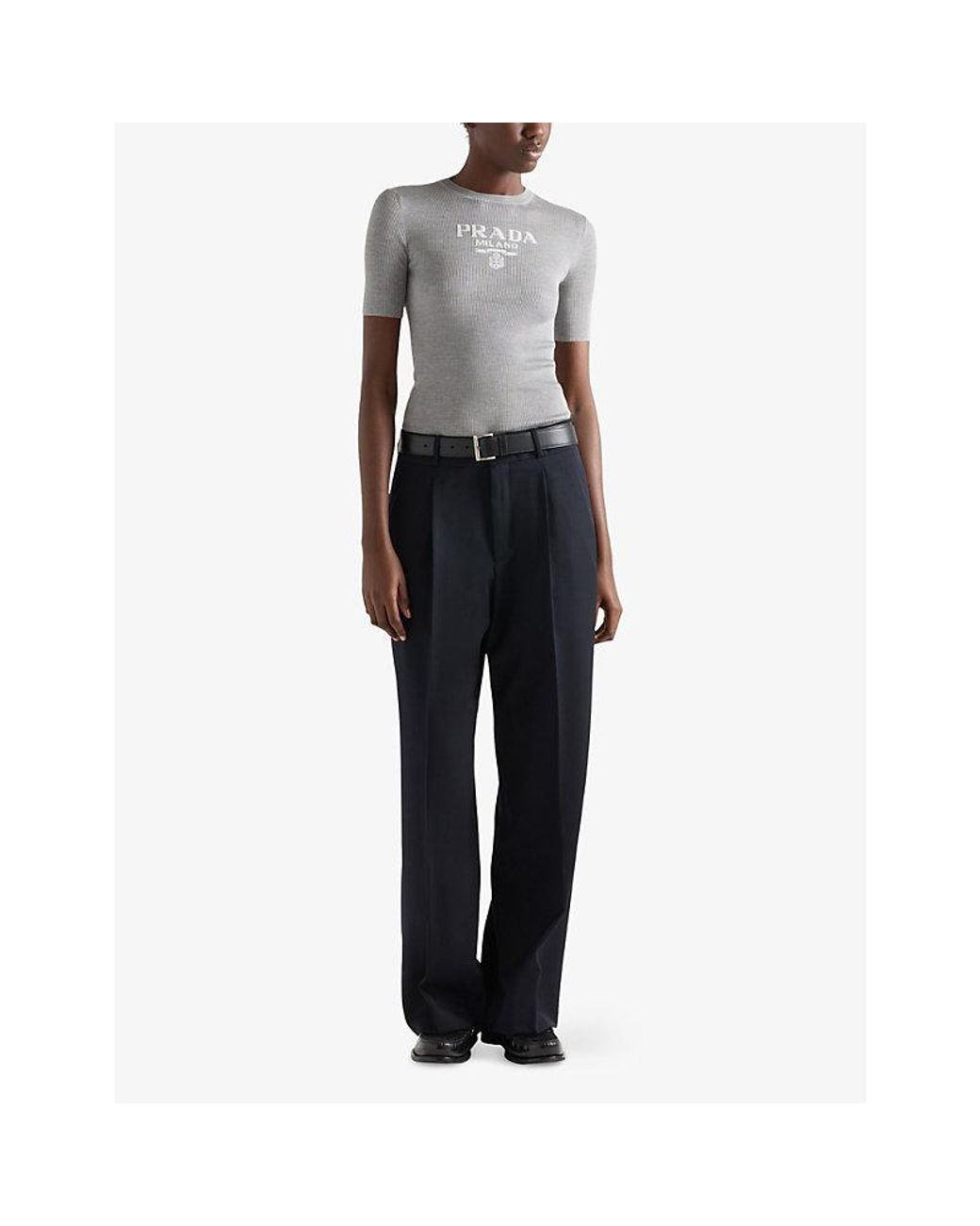 Prada Gray Logo-Intarsia Crew-Neck Silk Knitted Top