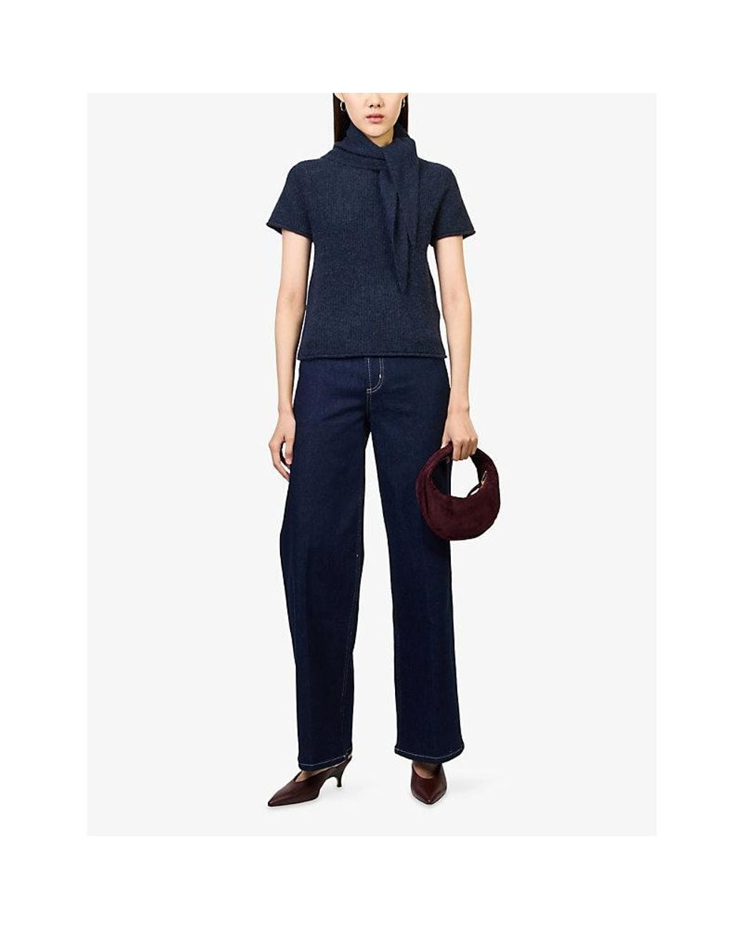 ME+EM Blue Half-Zip Baby Tee Alpaca Wool-Blend T-Shirt
