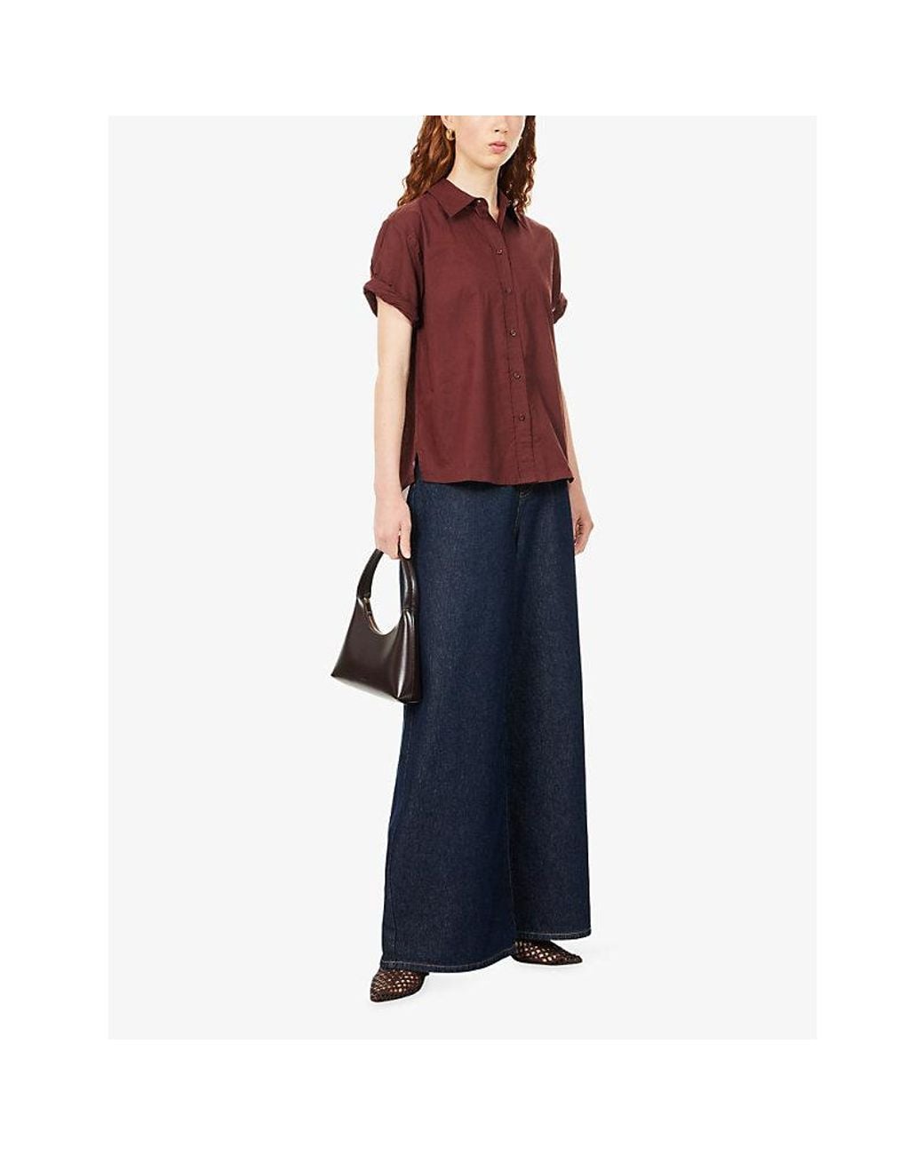 ME+EM Red Turn Up-Cuff Short-Sleeve Cotton-Poplin Shirt