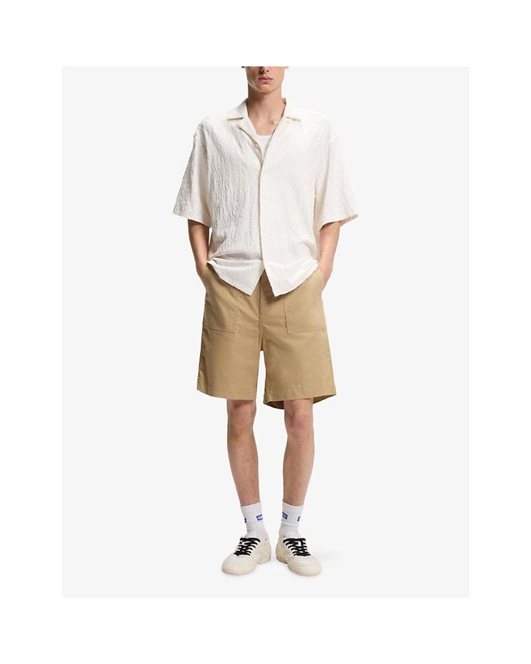 HUGO White Leopard-Print Relaxed-Fit Cotton-Towelling Shirt for men