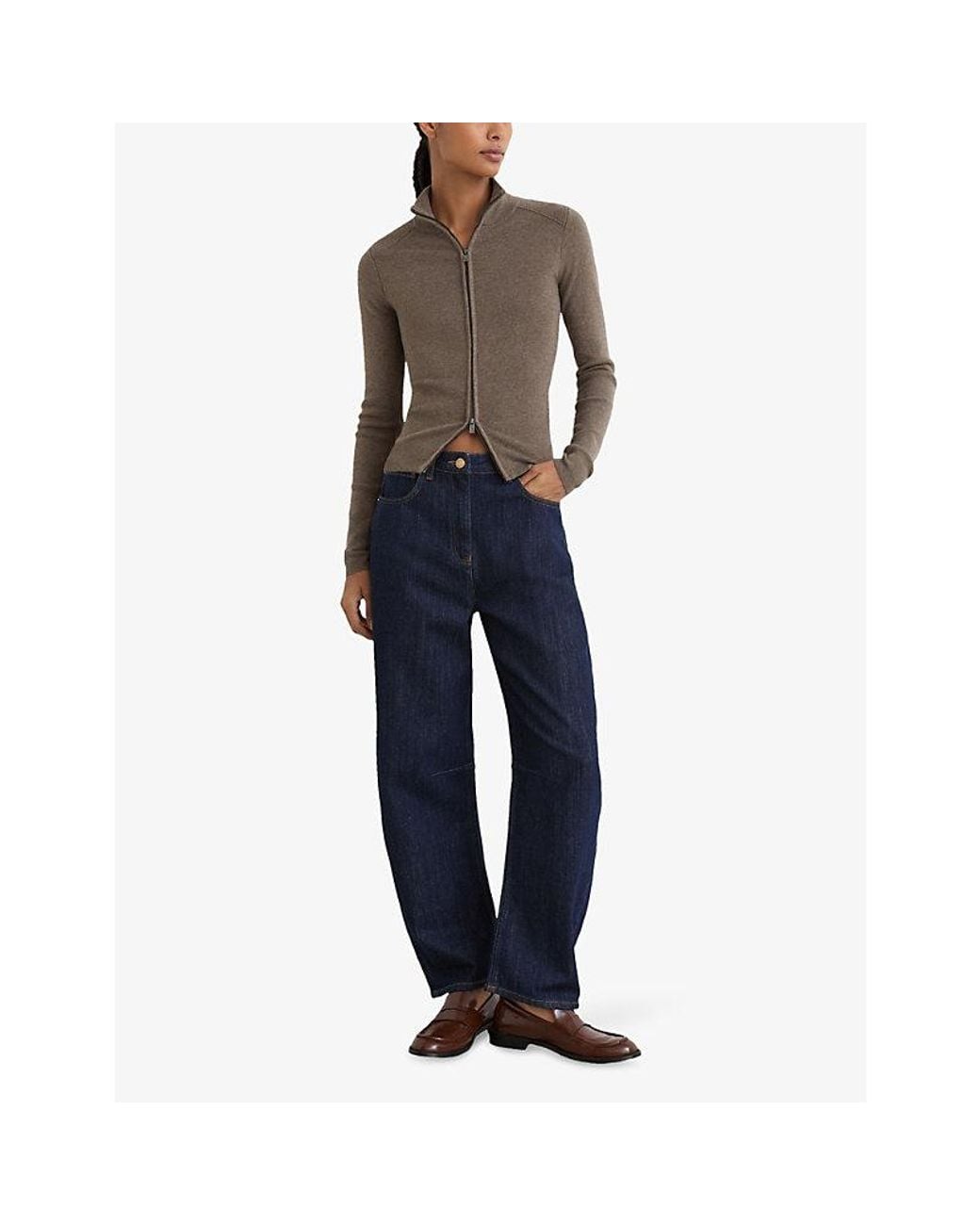 Reiss Brown Ava Funnel-Neck Stretch Wool-Blend Top