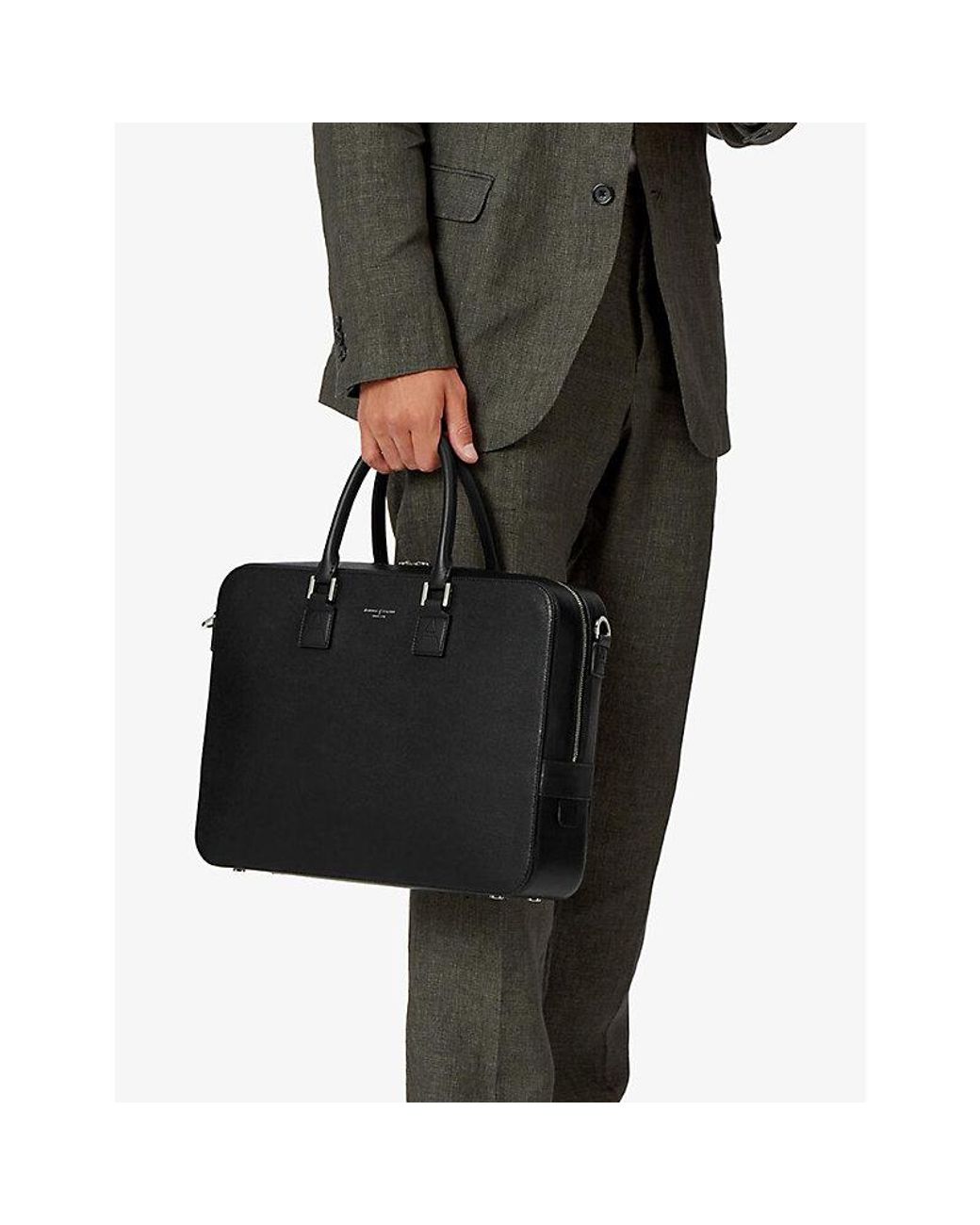 Aspinal Black Mount Street Logo-Embellished Leather Laptop Bag for men