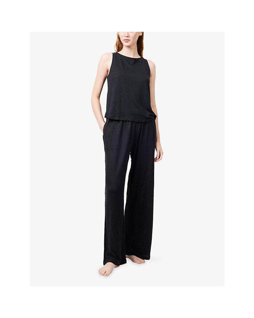 Eberjey Black High-Waist Wide-Leg Linen Trousers
