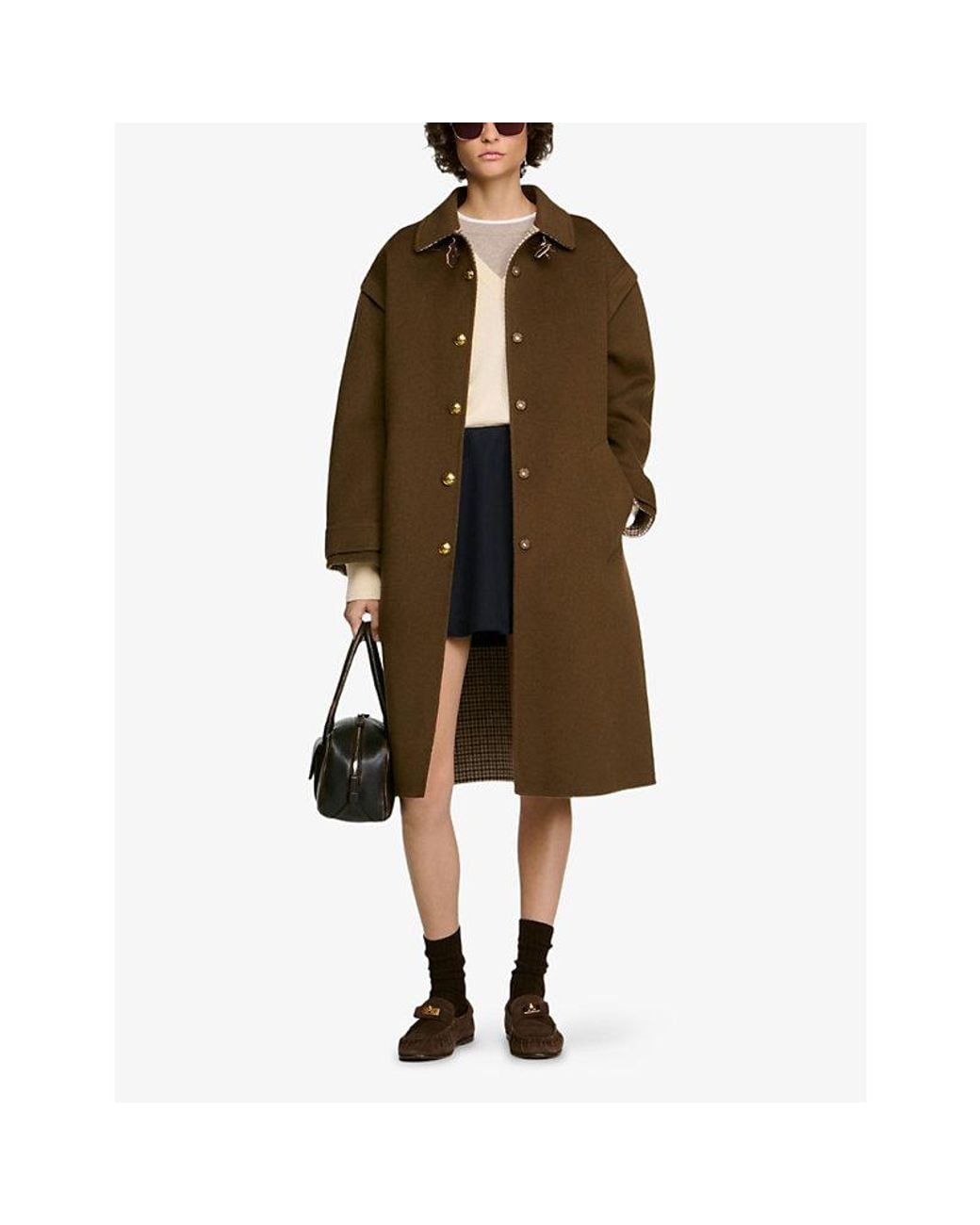 Sandro Brown Collared Double-Faced Wool Coat