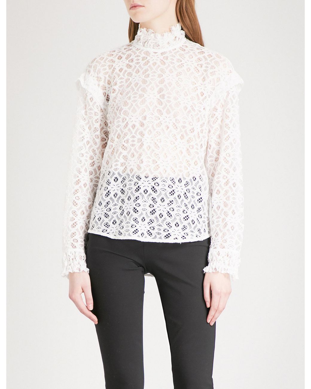 Sandro Ruffled Floral Lace Blouse in White | Lyst
