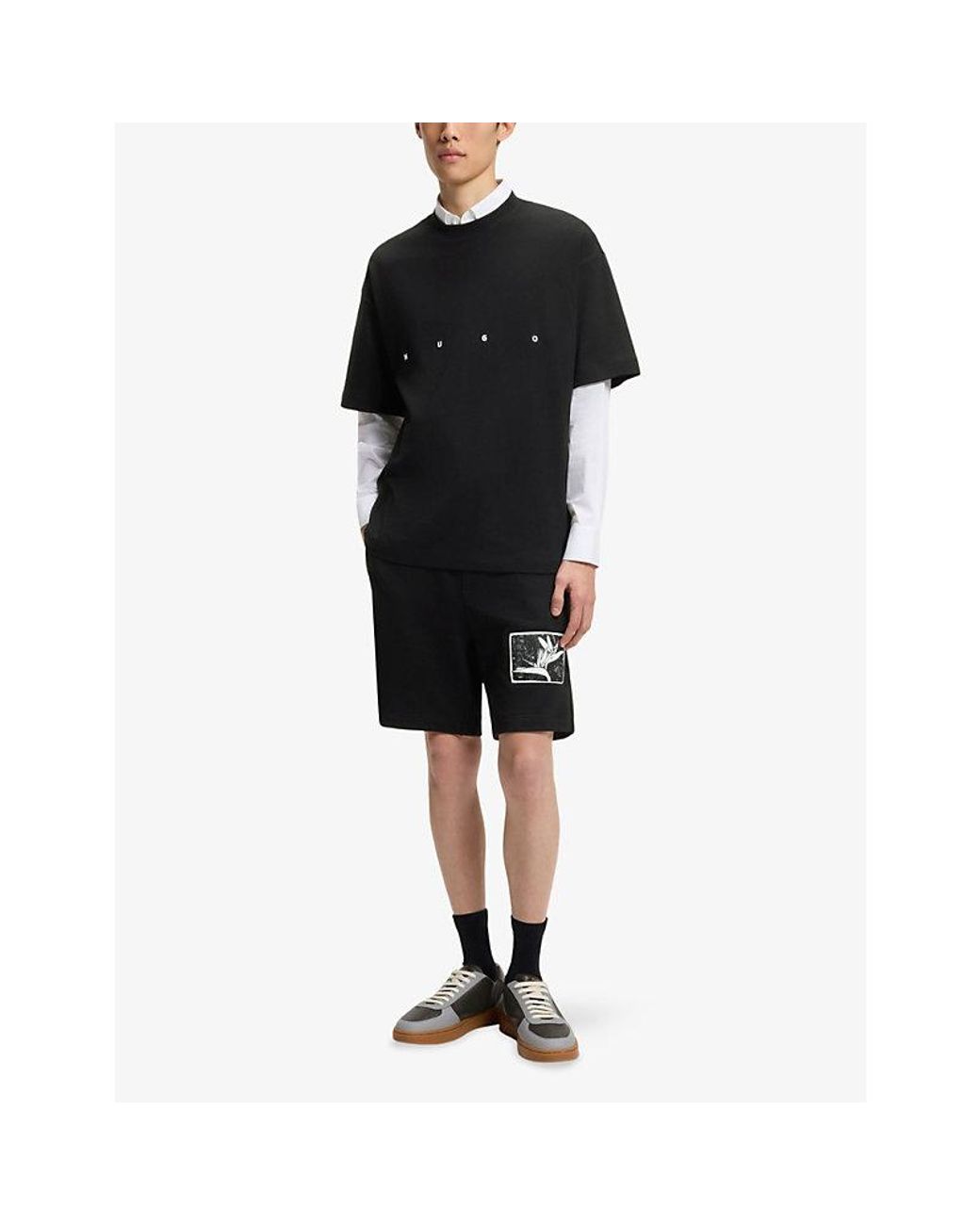 HUGO Black Brand-Patch Relaxed-Fit Cotton Shorts for men