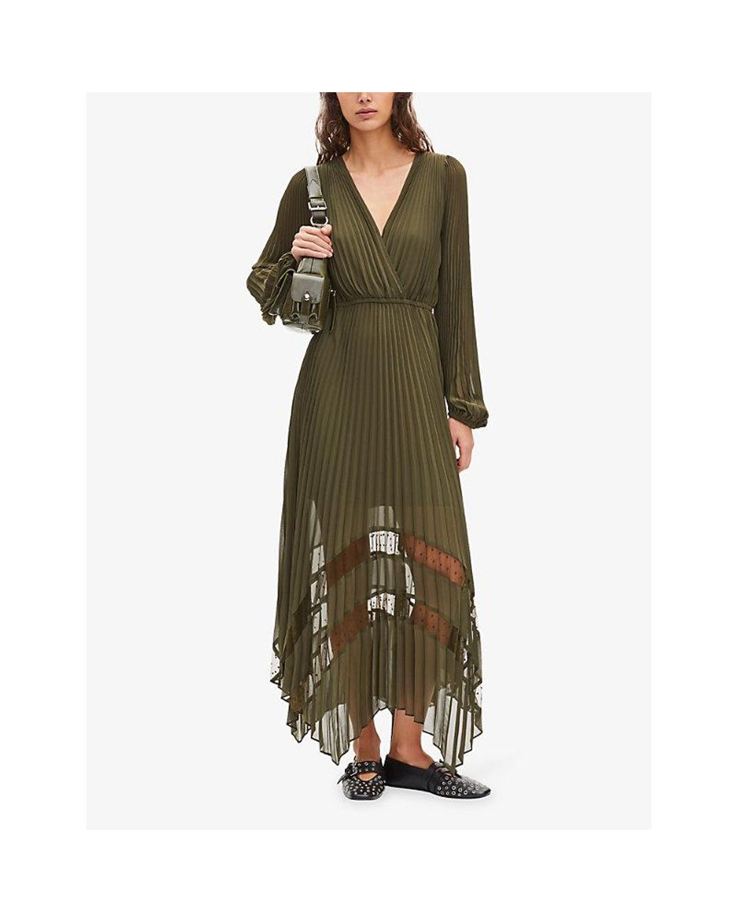 The Kooples Black Pleated V-Neck Woven Maxi Dress