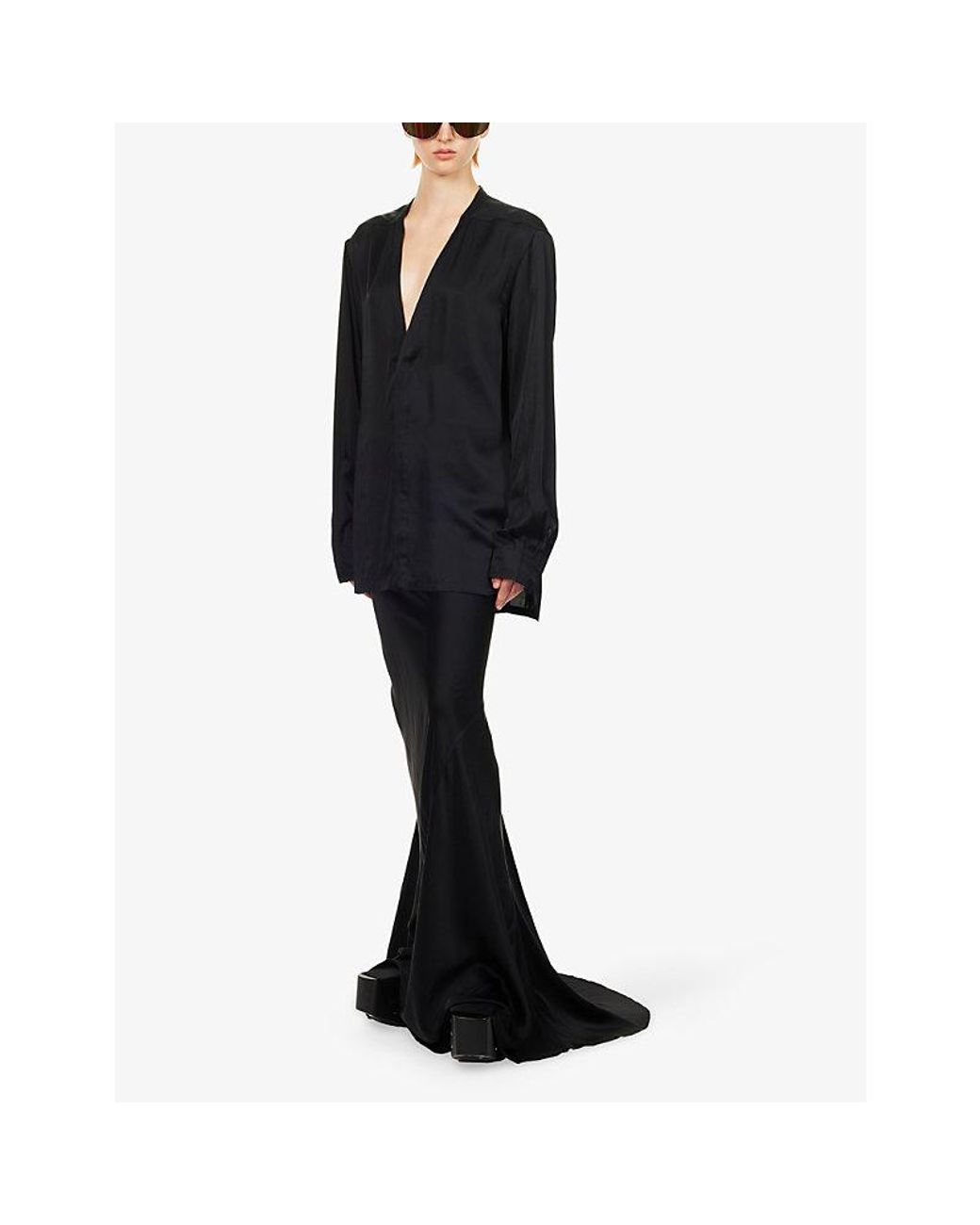 Rick Owens Blue Larry V-Neck Satin Shirt
