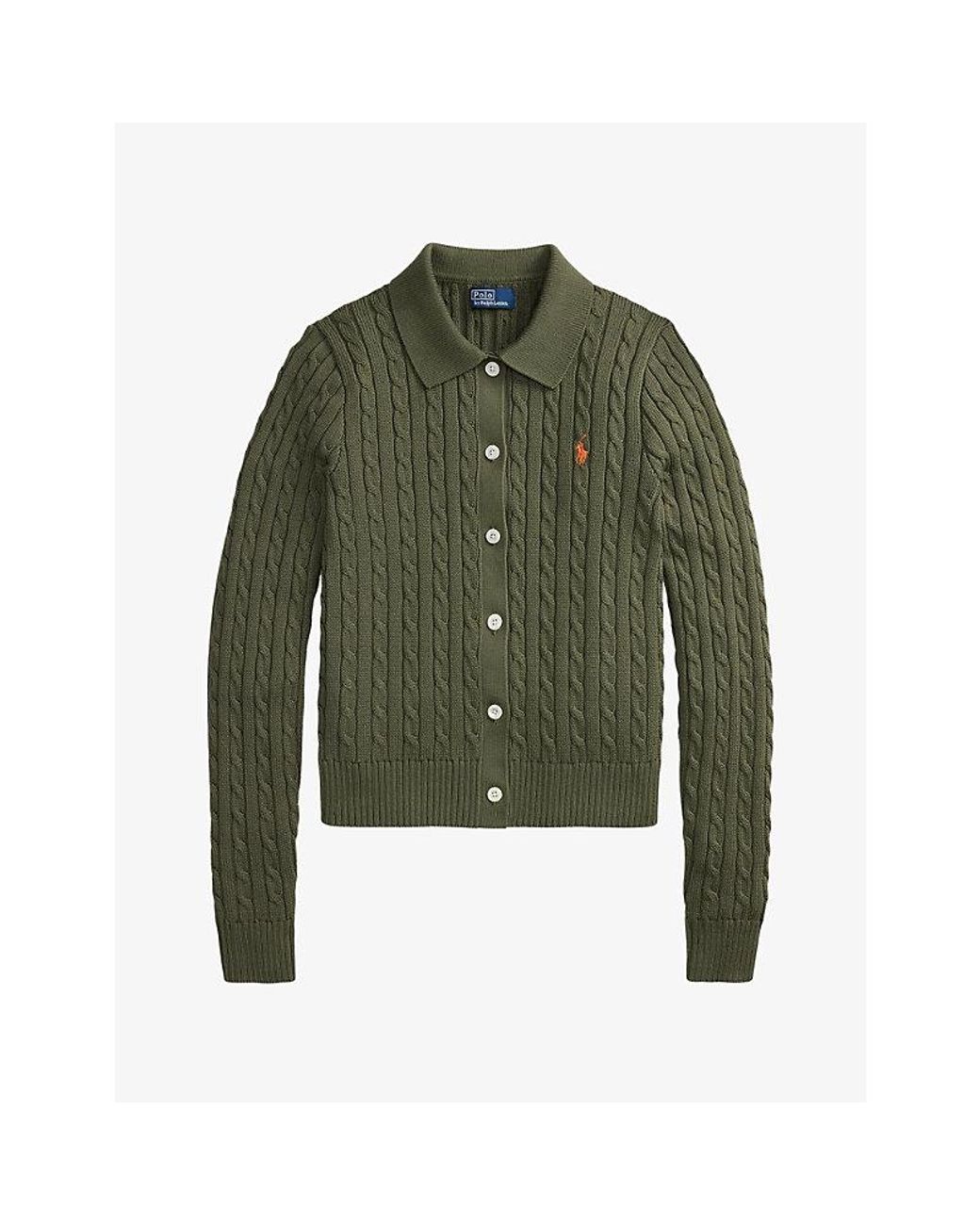 Polo Ralph Lauren Green Brand-Embroidered Cable-Knitted Cotton Cardigan