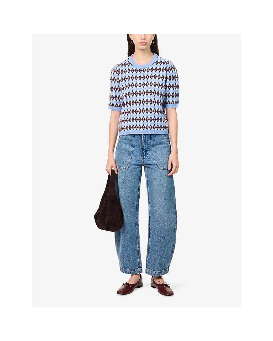 FRAME Blue Short-Sleeve Patterned Cashmere-Blend Jumper