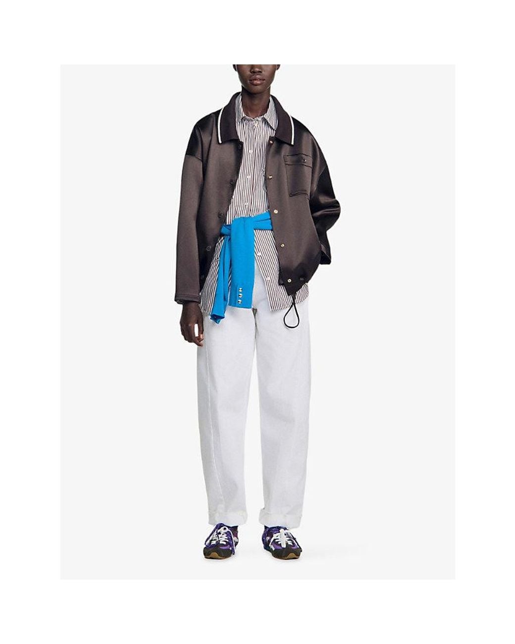 Sandro Black Polo Collar Satin-Look Jacket