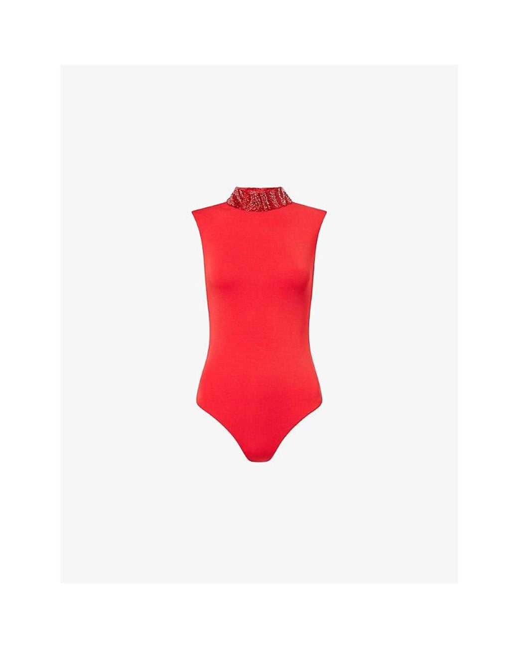 GRACE FAENA Red Zebra Pearl-Embellished Leather And Silk-Jersey Top
