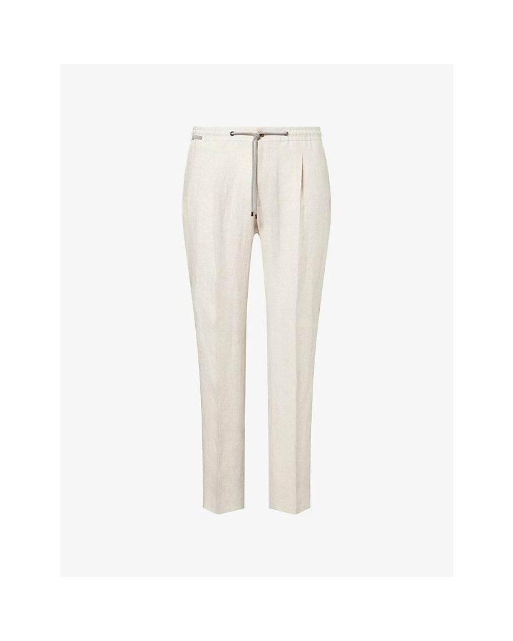 Corneliani Natural Pleat Drawstring Linen Trousers for men