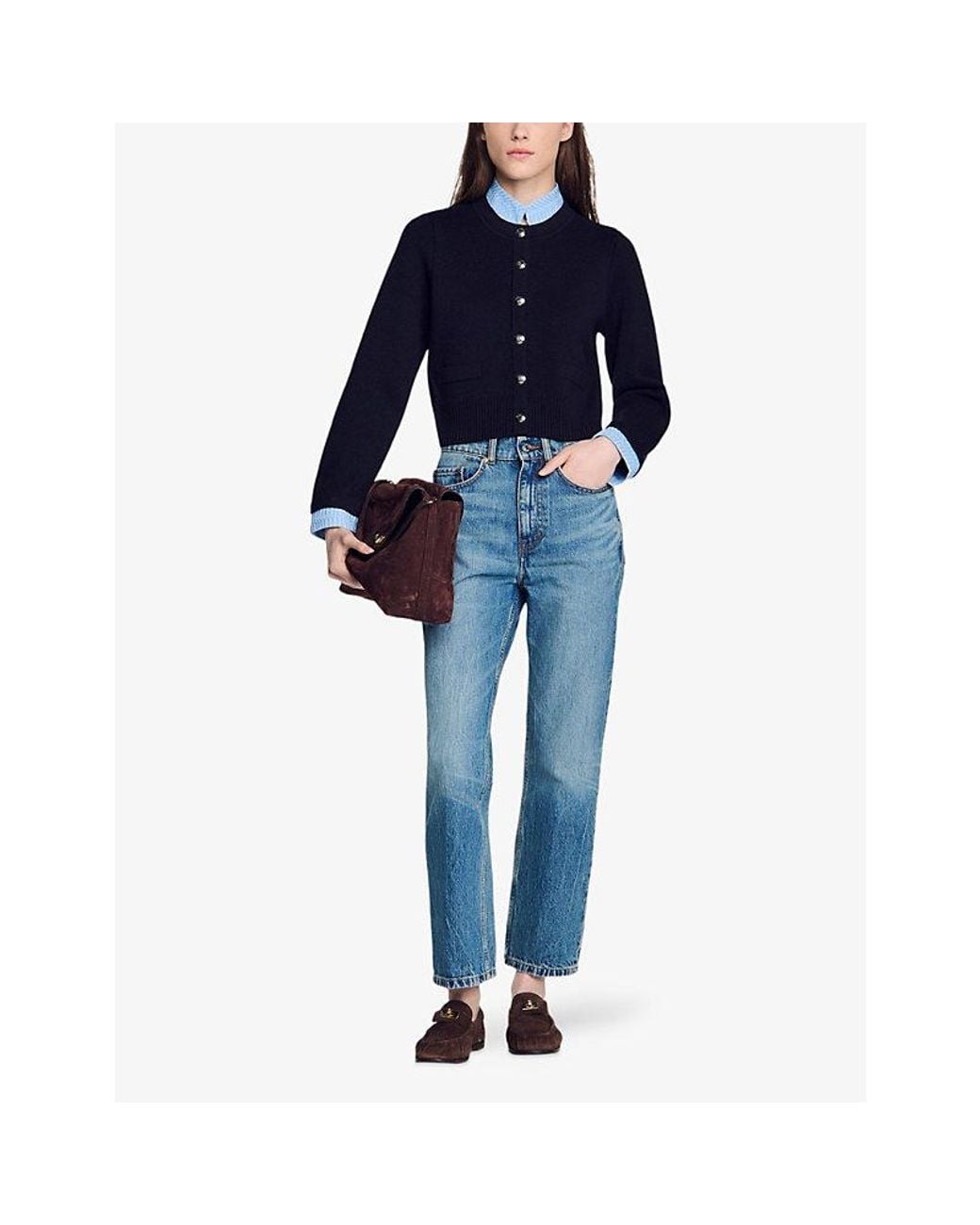 Sandro Blue Contrasting Origami-Collar Knit Cardigan