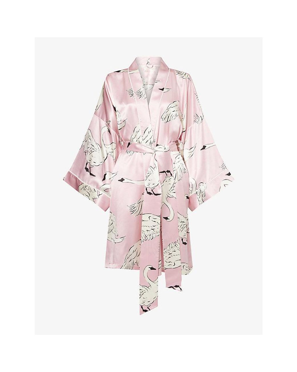 Olivia Von Halle Pink Mimi Swan-Print Silk Robe