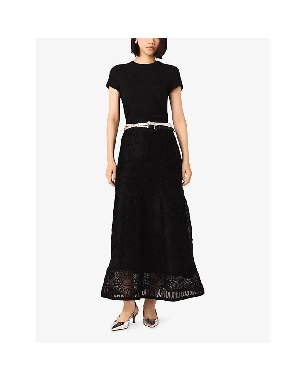 Maje Black Floral-Embroidered Woven Maxi Skirt