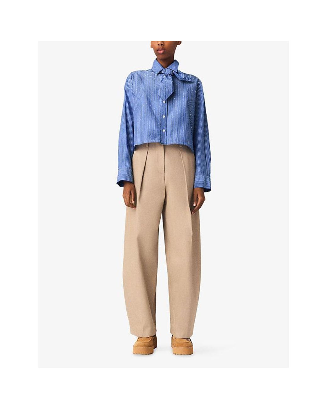 Maje Blue Striped Rhinestone-Embellished Cotton Shirt
