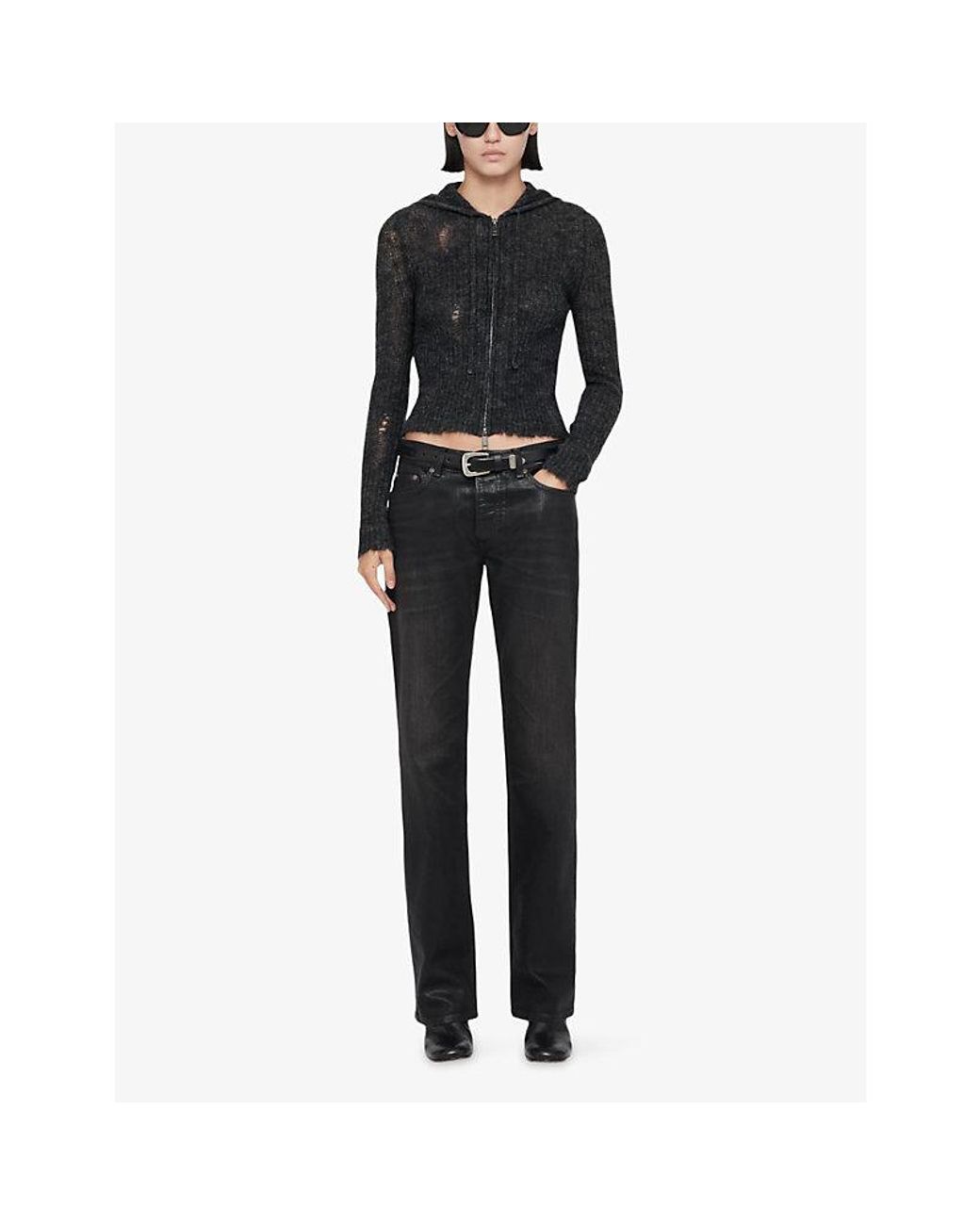 AllSaints Black Mabel Distressed Knit Woven Hoody