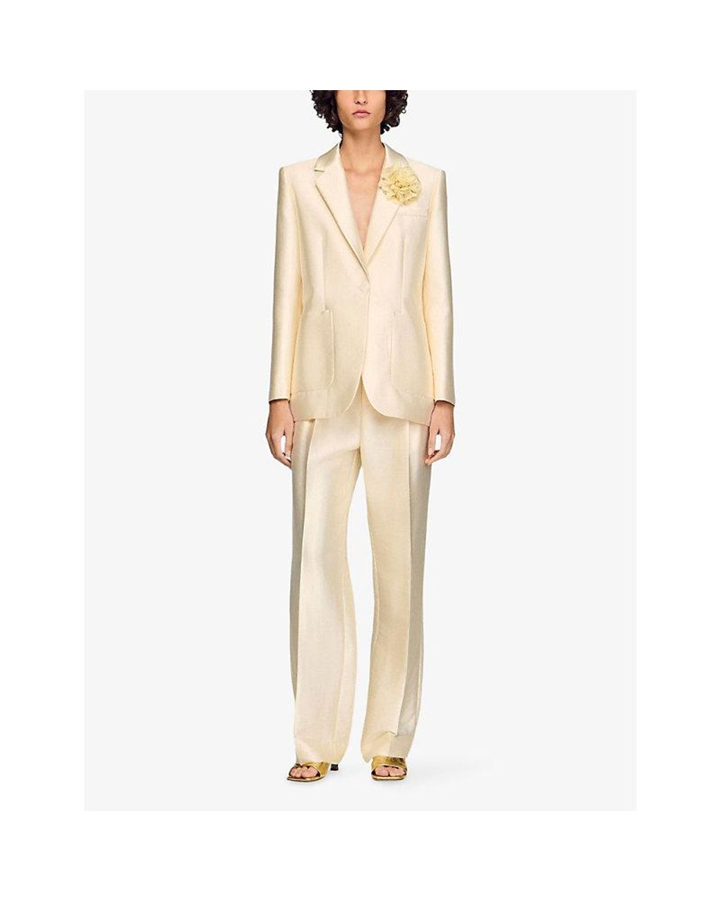 Sandro Natural Flower-Embellished Single-Breasted Satin Blazer