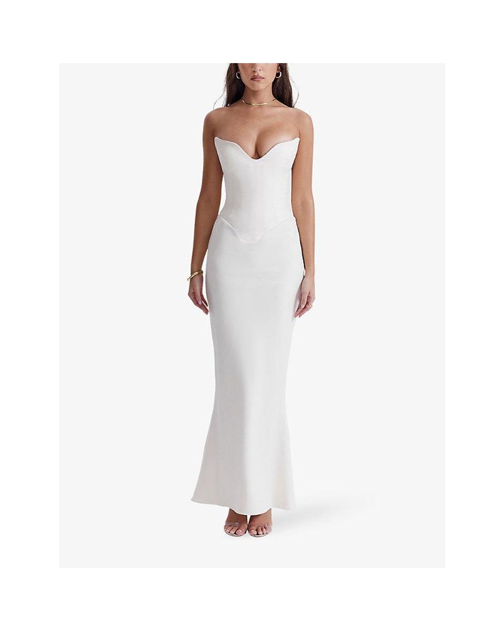 House Of Cb Tamara Peaked-neckline Stretch-woven Maxi Dress in White | Lyst
