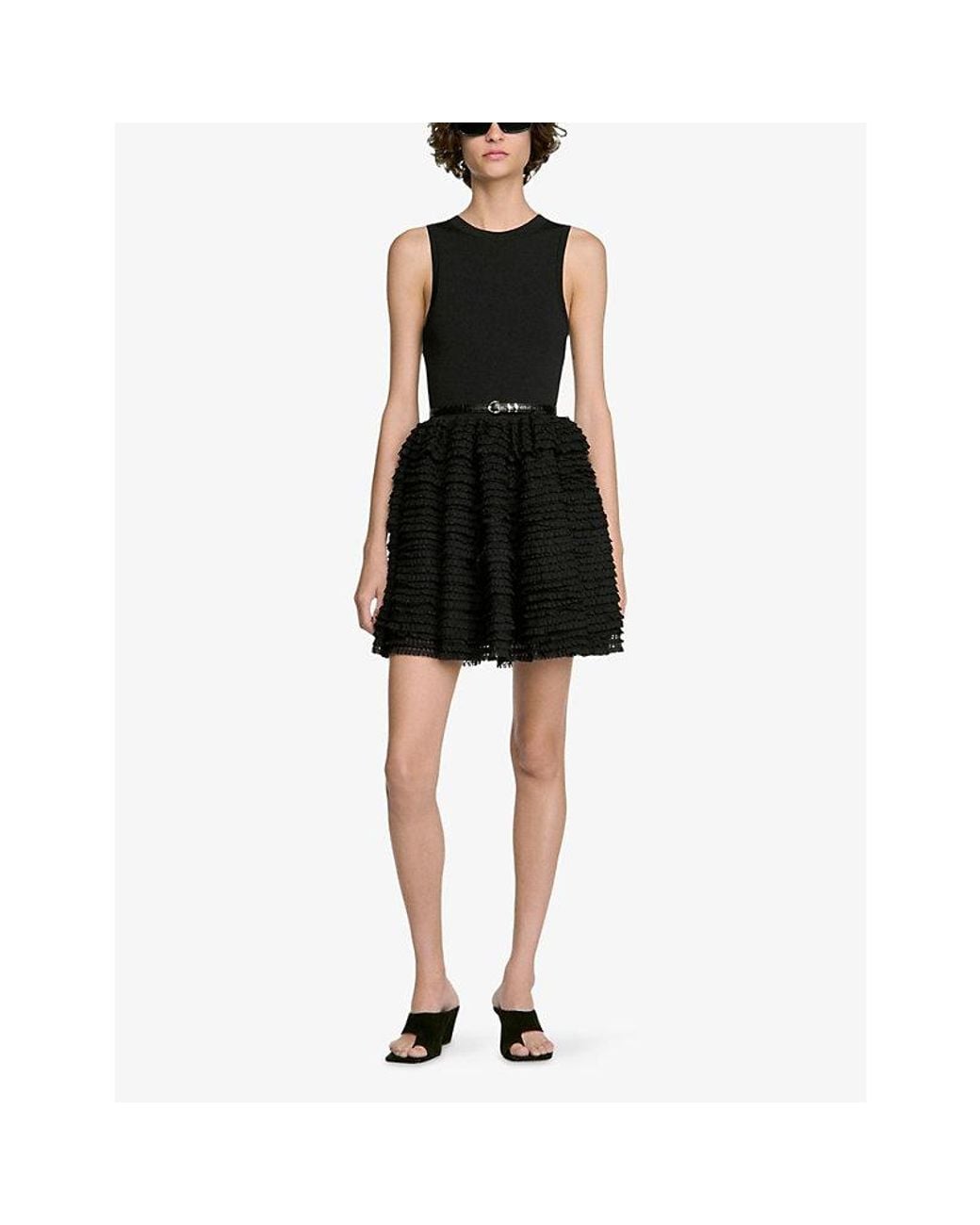 Sandro Black Dua Ruffled-Skirt Knitted Mini Dress