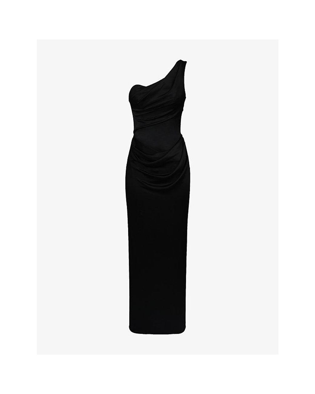 House Of Cb Black Caprice One-Shoulder Satin Maxi Dress Xs (A-C Cup)