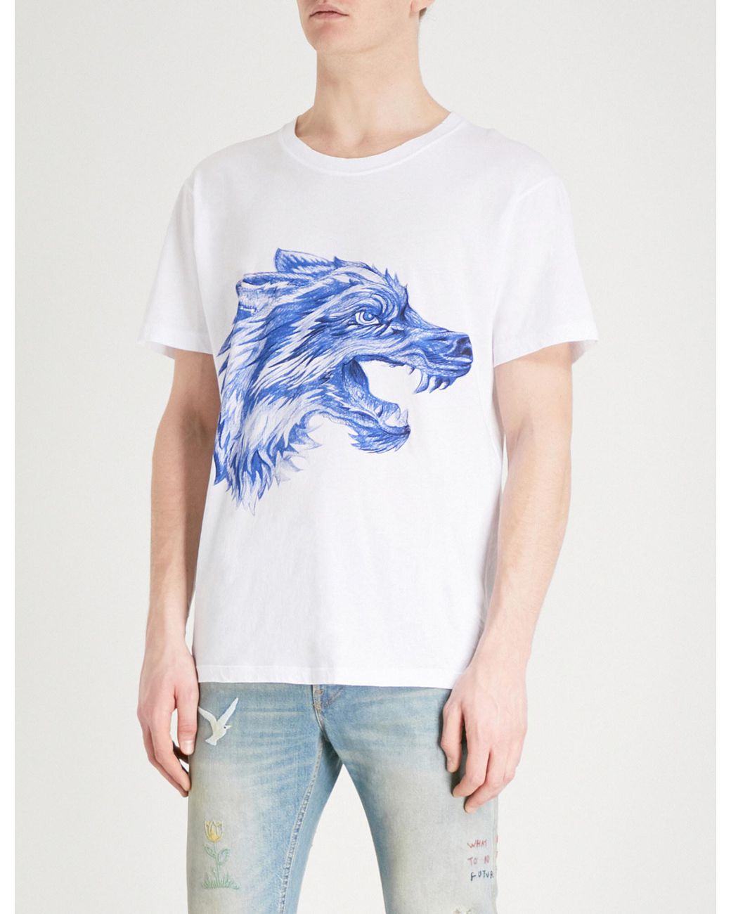 Gucci Wolf Drawing-print Cotton-jersey T-shirt in Blue for Men | Lyst