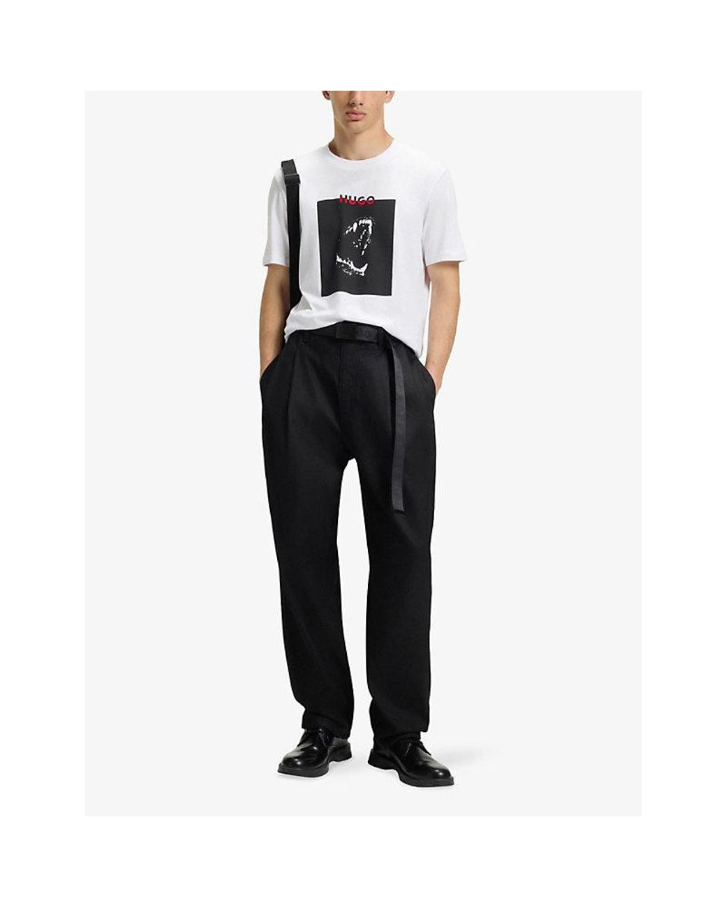 HUGO White Graphic-Print Short-Sleeve Cotton T-Shirt for men