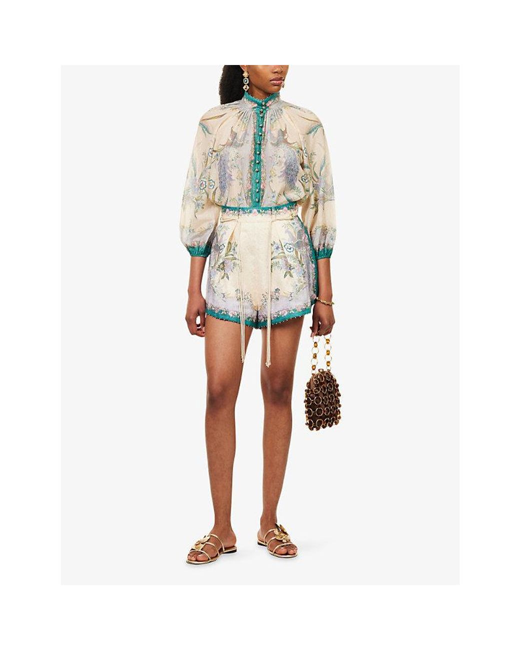 Zimmermann Natural Indra Tuck Printed Linen Shorts