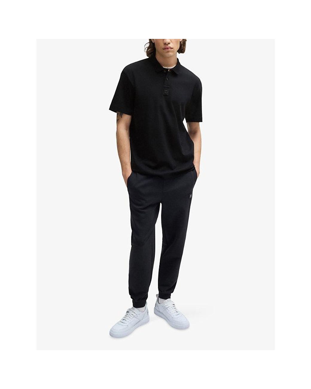 HUGO Black Brand-Plaque Short-Sleeve Cotton Polo Shirt for men