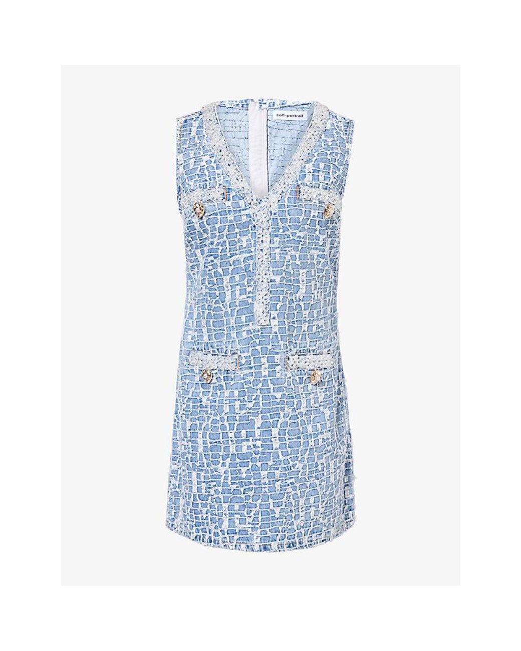 Self-Portrait Blue Bead-Embellished Mosaic Denim Mini Dress