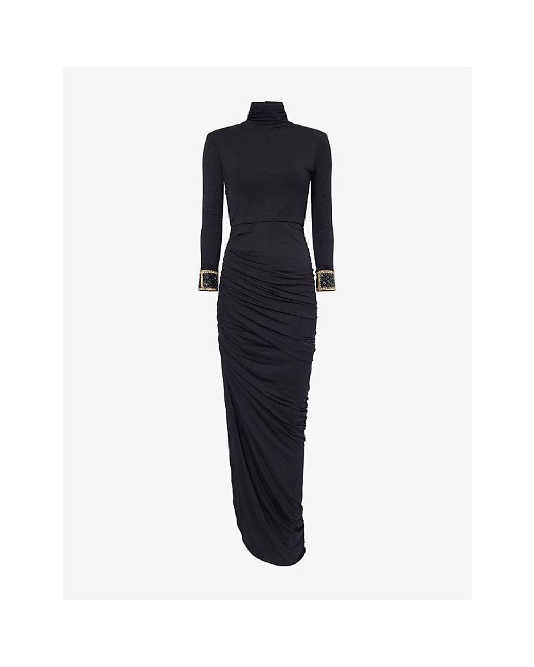 GRACE FAENA Blue Cowl-Back Bead-Cuffs Jersey Maxi Dress