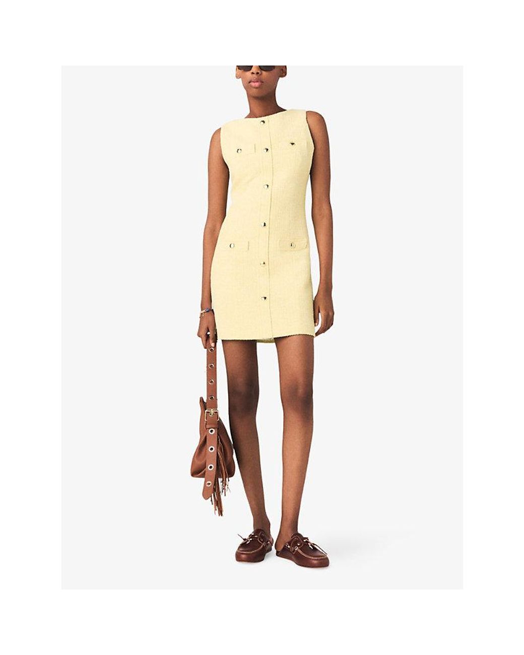 Maje Yellow Sleeveless Button-Front Tweed Mini Dress