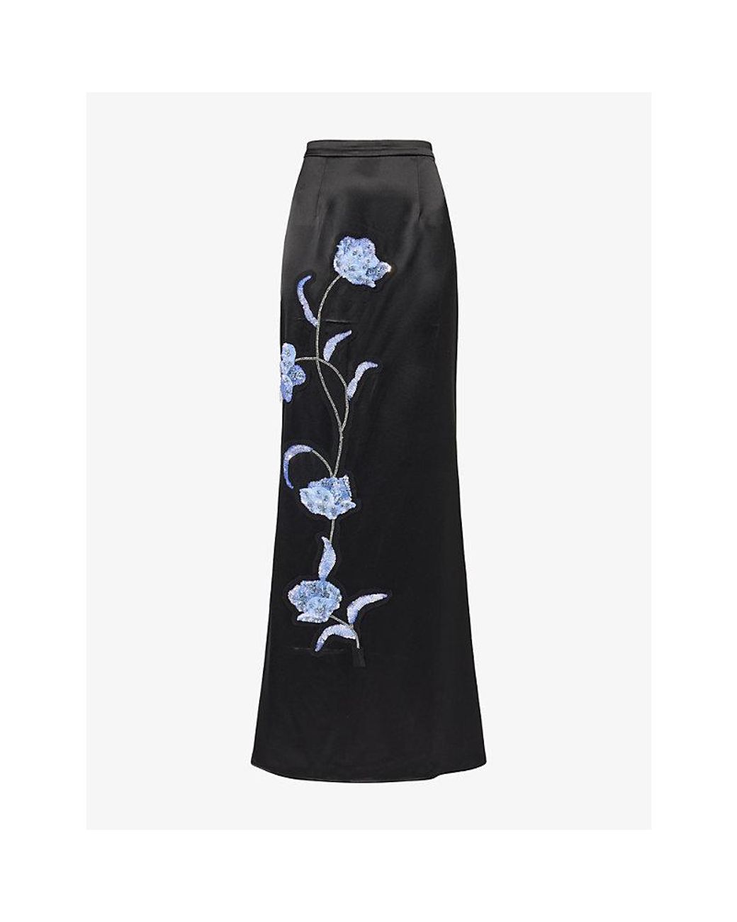 Huishan Zhang Black Lucille Floral-Embroidered Satin Maxi Skirt