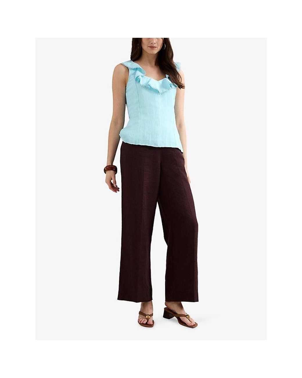 Phase Eight Blue Rhona Ruffle-Trim Linen-Blend Top
