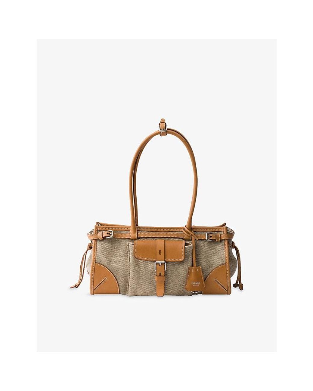 Prada White Bonnie Medium Linen And Leather Shoulder Bag