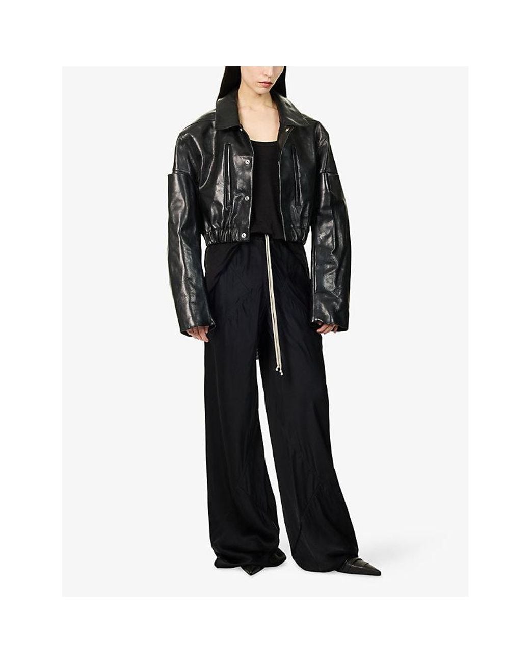 Rick Owens Black Collared Mac Leather Bomber Jacket