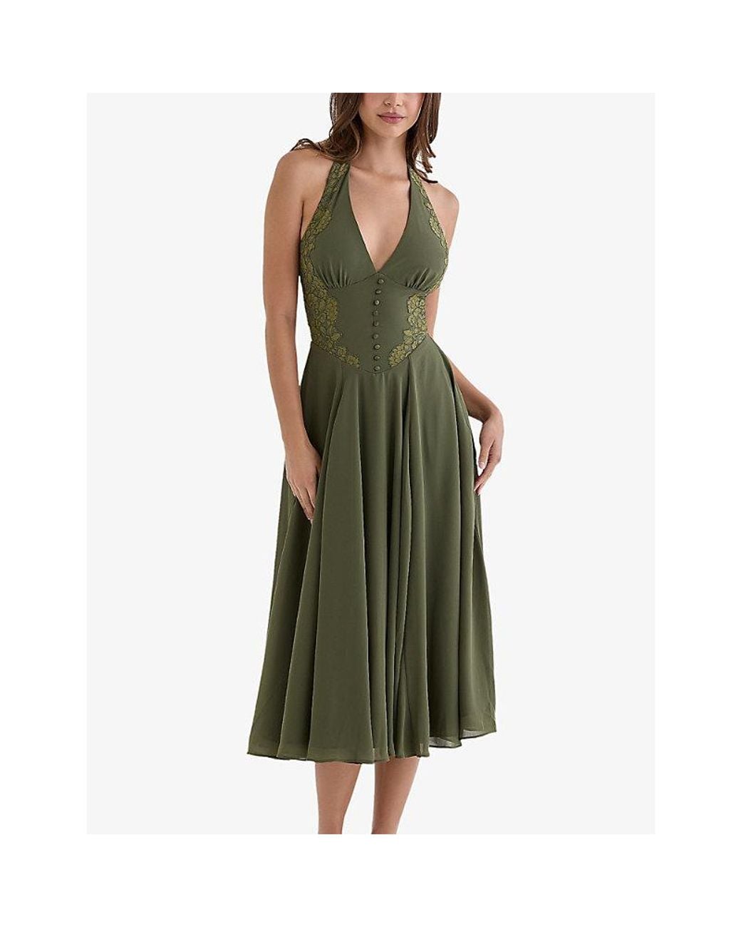 House Of Cb Green Coco Lace-Trim Georgette Midi Dress